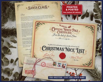 Pre-Written Letter from Santa or Father Christmas Set, Just Add the Name, Nice List Certificate, Red Seal, Posted