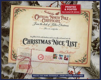 Blank Father Christmas Nice List Certificate to Fill In, Write the Name Yourself, Red Seal and Envelope, Posted