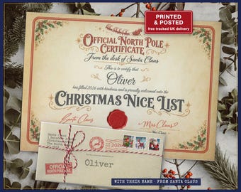Personalised Santa Nice List Certificate 2026 with Red Seal and Named Envelope, Printed and Posted, Christmas Eve Box