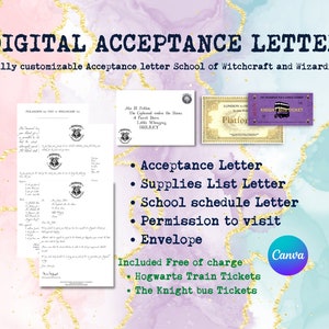Digital Canva Fully Editable Magic School Acceptance Letter Fan Art - School of Wizardry Letter + Tickets and Mystery gift