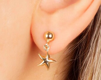 14k Solid Gold Starfish Earrings, Unique Ocean Earrings, Cute Dangle Stud Earrings, Summer Jewelry, Baby Shower Gift, Beach Lover Gift