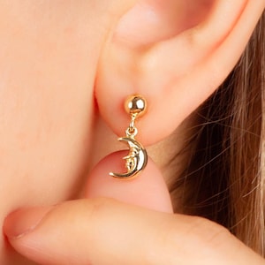 14k Solid Gold Moon Earrings, Moon Face Stud Earrings, Celestial Crescent Jewelry, Unique Birthday Gift, Best Friend Gift, Man in the Moon