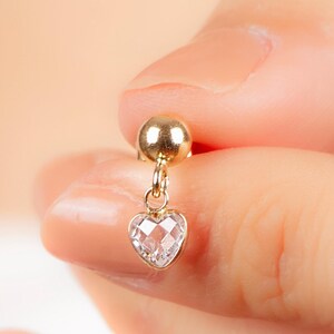 14k Solid Gold CZ Solitaire Heart Earrings, Minimalist Sparkly Dangle Stud Earrings, Small Zircon Stone Jewelry, 5th Anniversary Gift