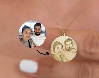 14k Solid Gold Engraved Photo Necklace, Personalized Picture Disc Necklace, Custom Pet Portrait Pendant, Memorial Gift for Women and Men