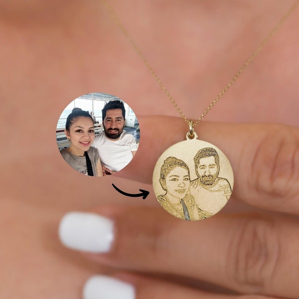 14k massief goud gegraveerde fotoketting, gepersonaliseerde fotoschijfketting, aangepaste huisdierportrethanger, herdenkingscadeau voor vrouwen en mannen