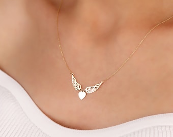 14k Solid Gold Angel Wings Necklace, Winged Heart Love Necklace, Flying Heart Necklace, Soulmate Necklace, Daughter Necklace