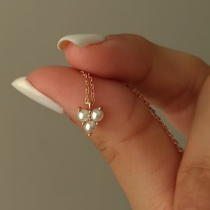 14k Solid Gold Three Pearl Necklace, Rose Gold Dainty Everyday Necklace, Minimalist Small Pearl Pendant, Christmas Gift, Wedding Jewelry