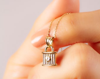 14k Real Solid Gold Lock Necklace, Padlock Necklace, Love Lock Necklace
