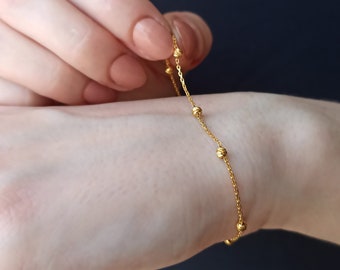 22k Solid Gold Beaded Bracelet, Dainty Ball Chain Bracelet, Wristband, Bracelet for Women, Mothers Day Gift, Gift for Sister, 22k Jewelry