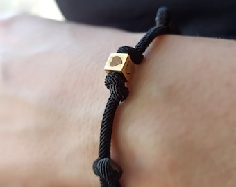 14k Solid Gold Cube Cord Bracelet, Unisex Personalized String Bracelet, Adjustable Black Rope Cord Bracelet for Men - Women, Boyfriend Gift