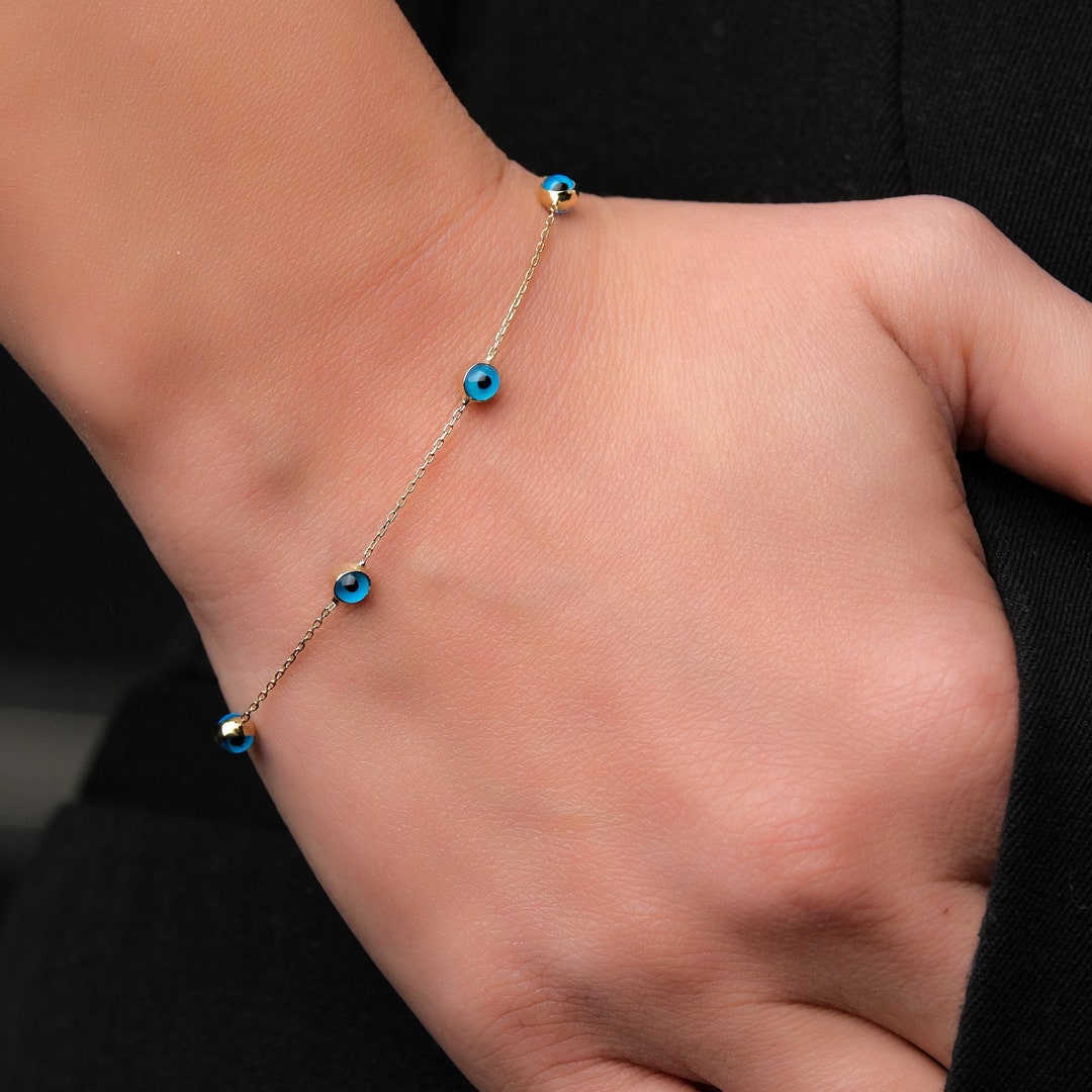 14k Gold Evil Eyes Bracelet Gold Protection Bracelet Solid Etsy