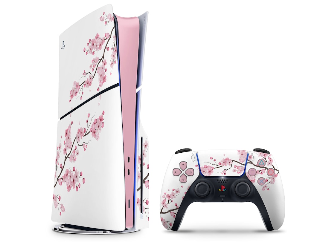 Cherry Blossom White Pink PS5 Slim Skin, Floral Pink PS5 Console