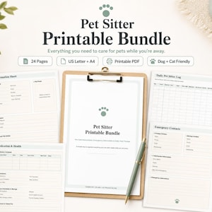 Puede incluir: Un paquete imprimible para cuidadores de mascotas con 24 páginas de formularios, incluyendo hoja de información, registro diario, seguimiento de salud y medicamentos, y contactos de emergencia, compatible con tamaños US Letter y A4.