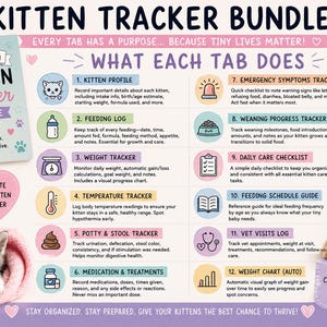Puede incluir: Kitten Tracker Bundle, un planificador de cuidados neonatales para gatitos. Incluye un perfil de gatito, registro de alimentación, control de peso, control de temperatura, control de orina y heces, medicamentos y tratamientos, y más. Con dos gatitos y el texto "Sígalo todo. Detecte los problemas a tiempo. Ayúdelos a prosperar."
