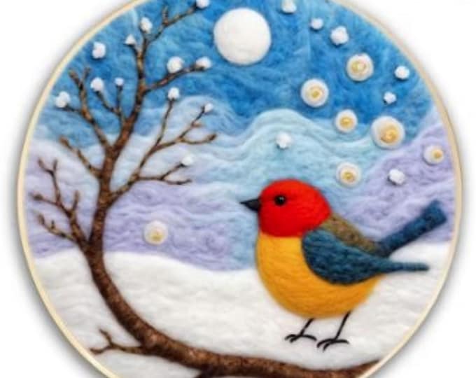 Needle Wool Felting Kit for Beginners | Winter Bird (20 cm with Frame)