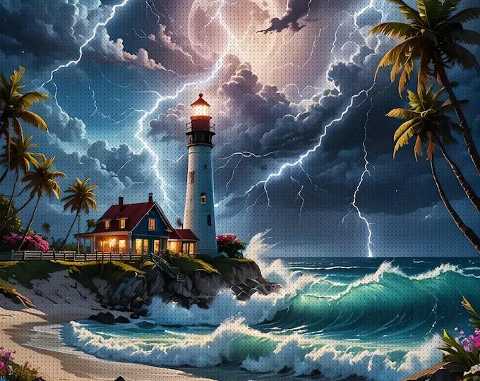 Cross Stitch Needlework Embroidery Kits | Lighthouse Storm (printed canvas)