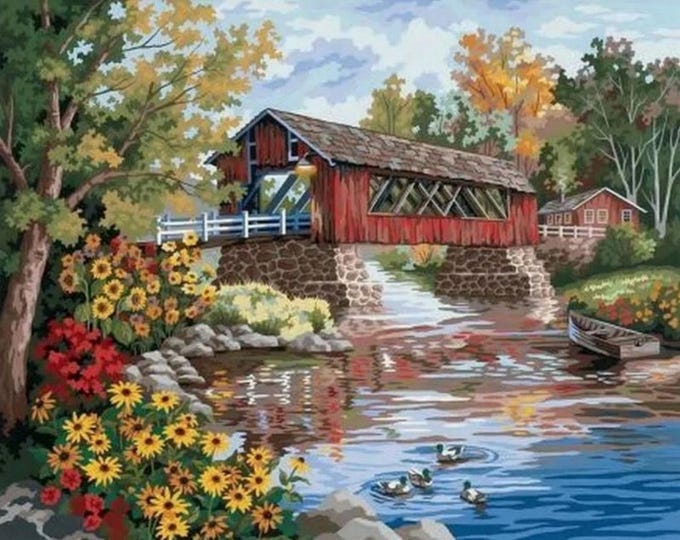 Cross Stitch Needlework Embroidery Kits | Covered Bridge (printed canvas)