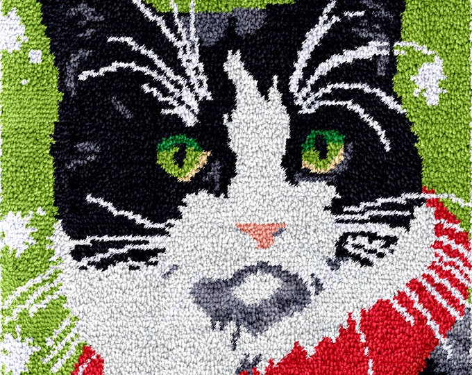 Rug Making Latch Hooking Kit | Cat with Red Scarf