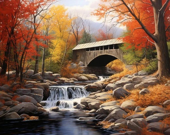 Cross Stitch Needlework Embroidery Kits | Covered Bridge in Fall (printed canvas)