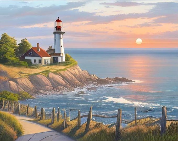 Cross Stitch Needlework Embroidery Kits | Lighthouse Sunrise (printed canvas)
