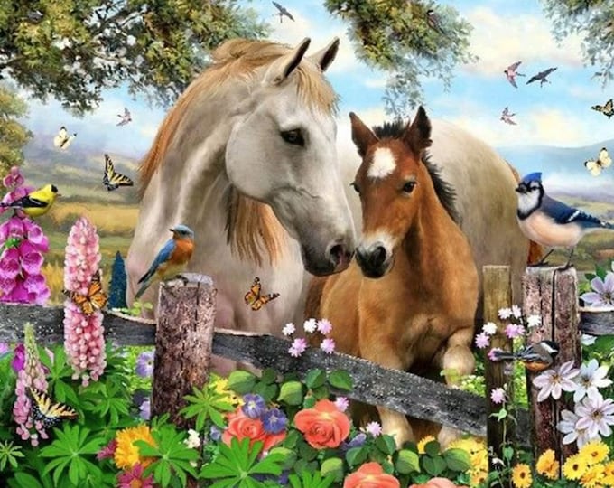 Cross Stitch Needlework Embroidery Kits | Horses with Flowers (printed canvas)