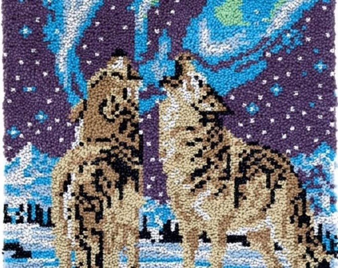 Rug Making Latch Hooking Kit | Wolves Howling at Aurora