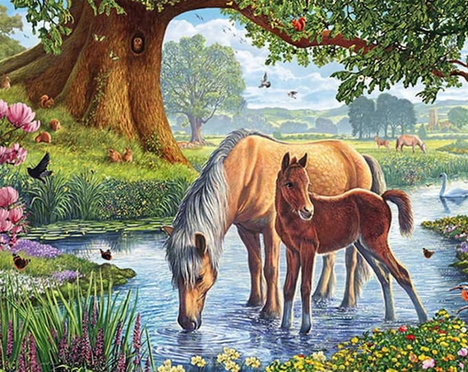 Cross Stitch Needlework Embroidery Kits | 2 Horses in Stream (printed canvas)