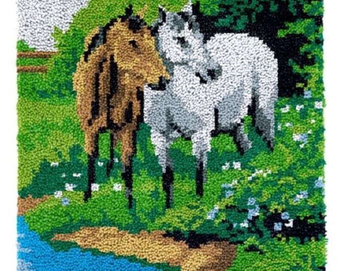Rug Making Latch Hooking Kit | Two Horses at Lake (52x38cm)