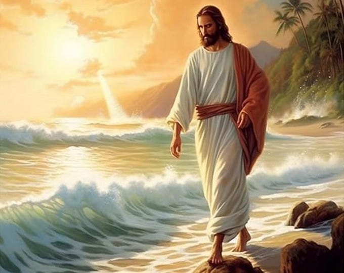 Cross Stitch Needlework Embroidery Kits | Jesus Walking on Beach (printed canvas)