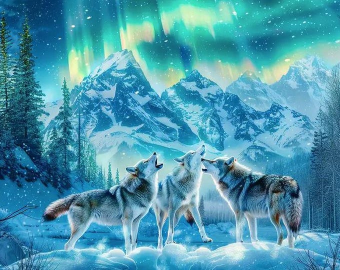 Cross Stitch Needlework Embroidery Kits | Wolves Aurora (printed canvas)