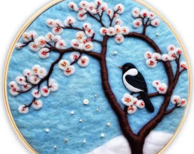 Needle Wool Felting Kit for Beginner | Winter Tree With Bird (20cm with Frame)
