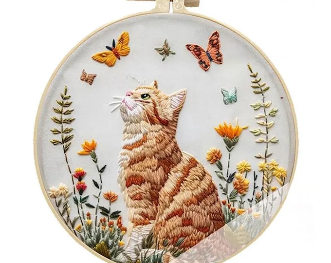 Cross Stitch Needlework Embroidery Kits | Cat Watching Butterflies (15cm)