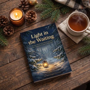 May include: A book titled Light in the Waiting: 25-Day Advent Devotional Journal KJV Scripture, Prayer & Reflection. The cover features a snowy forest scene with a glowing lantern, surrounded by pine branches, pinecones, and a candle.