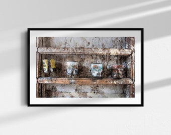 May include: A wooden shelf with five vintage metal cans on it. The shelf is weathered and has a rustic look. The cans are various colours and have faded labels.