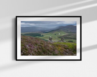 Scottish Mountain Landscape Photographic Fine Art Limited Edition Giclée Print Titled 'Corgarff Cairns in Heather'.