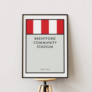 Puede incluir: Una lámina de arte mural rectangular enmarcada que presenta una sección superior con rayas verticales rojas y blancas alternas. La sección inferior gris claro muestra el texto negro BRENTFORD COMMUNITY STADIUM y el código postal TW8 0RU.