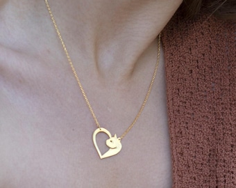 Sterling Silver Cat Heart Necklace, Gold Animal Pendant, Cat Lover Gift