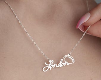 Custom Sterling Silver Football Name Necklace, Sports Jewelry