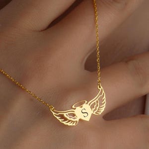 Personalized Angel Wing Heart Necklace – Custom Name or Initial Pendant, Guardian Angel Gift for Her