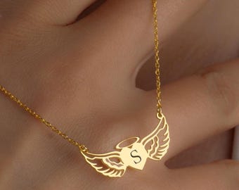 Collana personalizzata con cuore e ali d'angelo - Iniziale personalizzata in argento sterling