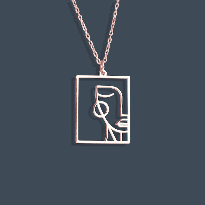 Abstract Line Drawing Necklace, Woman Face Necklace, Gift for Her, Line
