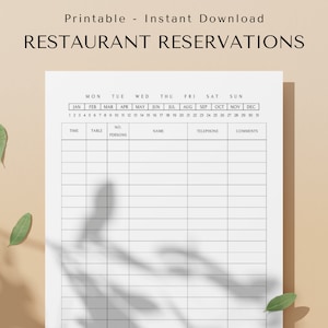 Restaurantreserveringsplanner - Reserveringsboek voor restaurants - Dagelijkse planner - Afdrukbare tabelboekingssjabloon