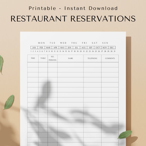 Restaurant Reservation Planner - Reservation Book for Restaurants - Daily Planner - Printable Table Booking Template