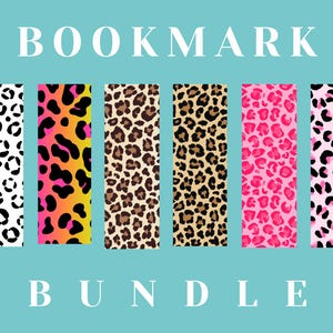 Puede incluir: Conjunto de seis marcapáginas de estampado de leopardo en varios colores, incluyendo blanco y negro, naranja y rosa, marrón y beige, y rosa y blanco. Los marcapáginas son todos del mismo tamaño y forma, y tienen un título "BOOKMARK BUNDLE" en la parte superior.