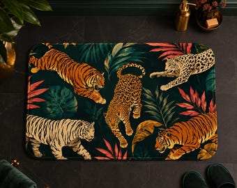 Jungle Tiger Leopard Bath Mat, Maximalist Botanical Rug, Eclectic Boho Decor