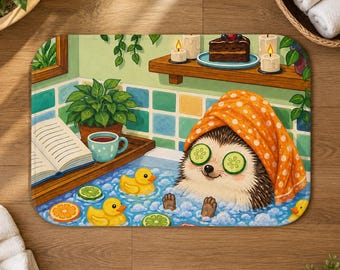 Hedgehog Spa Day Bath Mat, Whimsical Animal Bathroom Rug, Cozy Self Care Decor