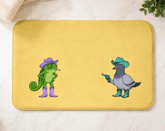 Cowboy Chameleon Pigeon Standoff Bath Mat, Western Bathroom Decor, Novelty Rug