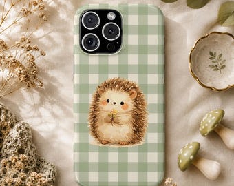 Hedgehog Watercolor iPhone Case, Sage Gingham Cottagecore Woodland Animal Phone Cover