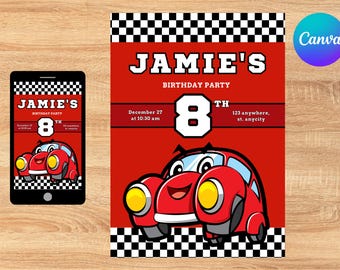 Car Birthday Invitation, Editable Canva Template (Digital Download)