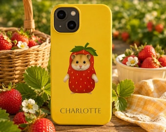 Personalized Strawberry Hamster iPhone Case, Custom Name Cottagecore Kawaii Cover